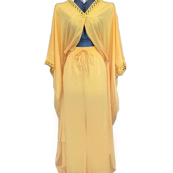 ChicMe Two Piece Yellow Vacation wear V Neck Flare Sleeve Top Wide Leg Pants Set - Picture 11 of 11